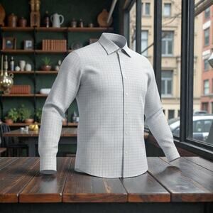 Geoffrey Beene Men’s Dress Shirt Light Gray Micro-Check Regular Fit Long Sleeve